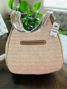 Woven Straw Purse Bag in Natural with Tanish Brown Trim